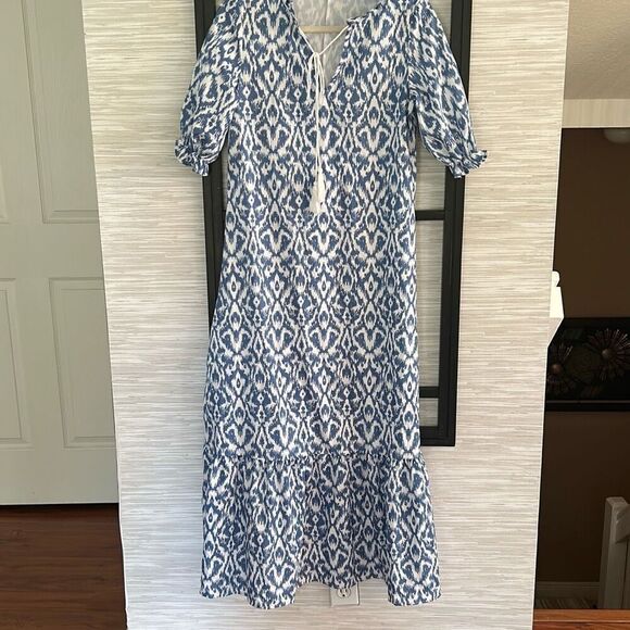 Farmhouse chic blue print short sleeve maxi dress with tassel size small - Picture 5 of 7